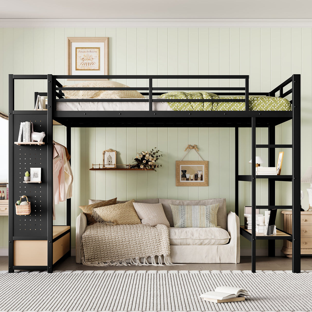 Queen Size Metal Loft Bed Frame with Wardrobe
