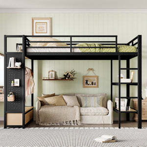 Queen Size Metal Loft Bed Frame with Wardrobe
