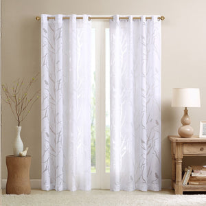Sheer Bird on Branches Grommet Curtain Panel with Burnout Design - White