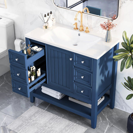 36" Blue Bathroom Vanity with Ceramic Sink-One Cabinet and Three Drawers, blue
