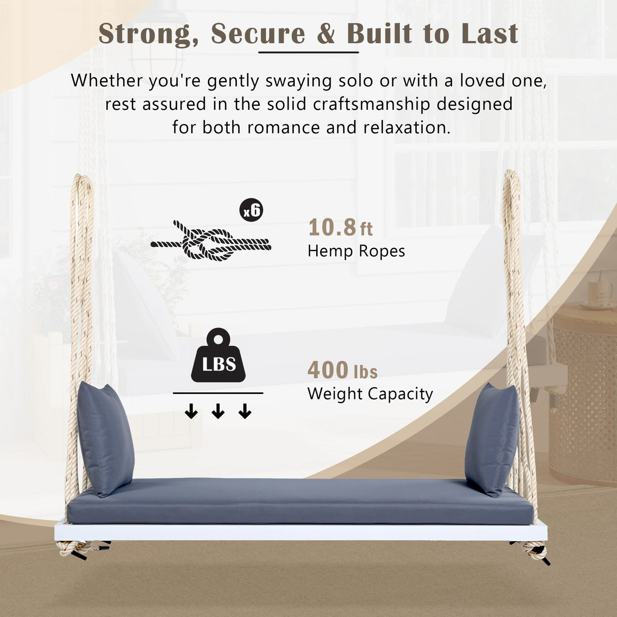 TOPMAX Patio Wooden Swing Chair with Cushion & Pillows