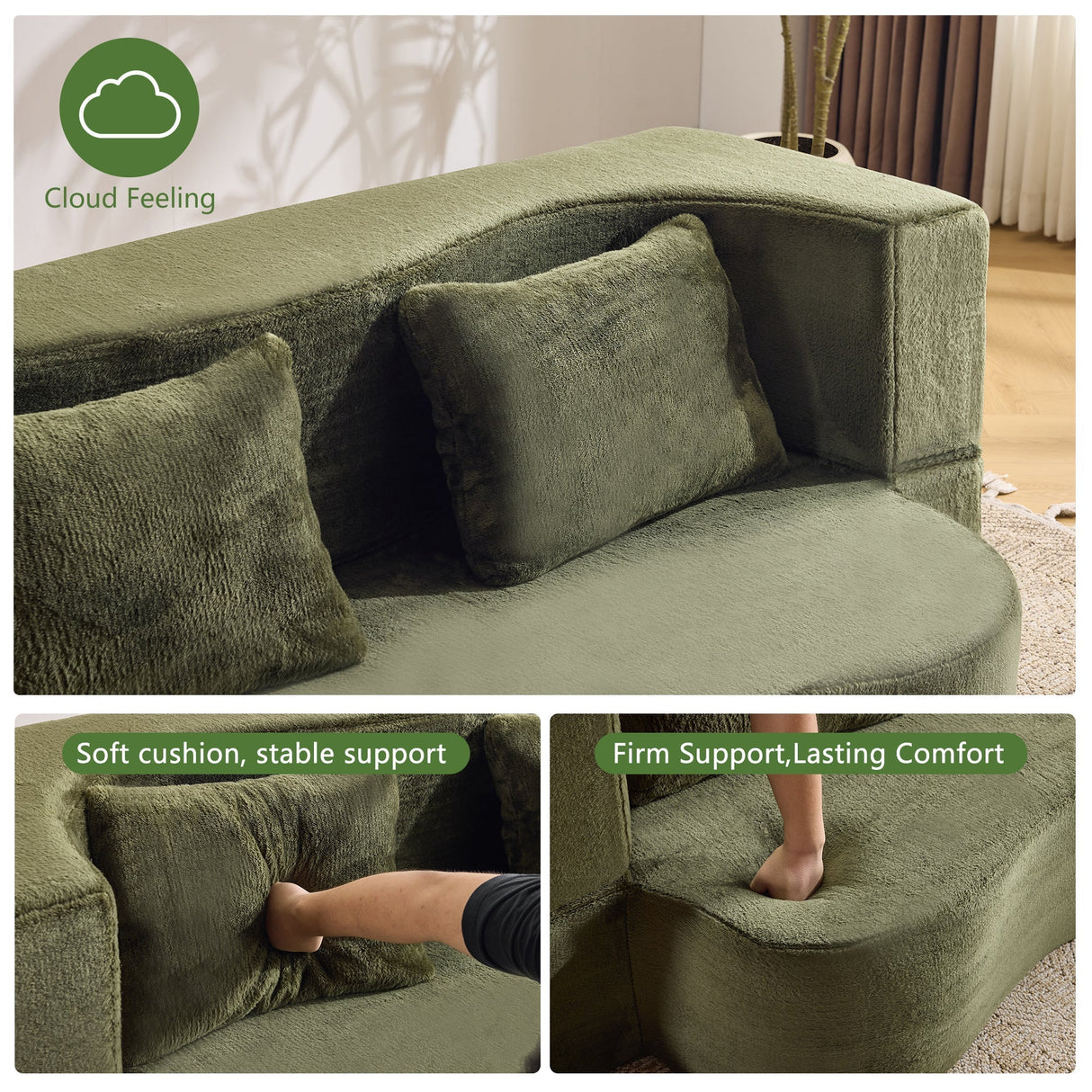 71-Inch Folding Sofa Bed in Green Plush Faux Fur