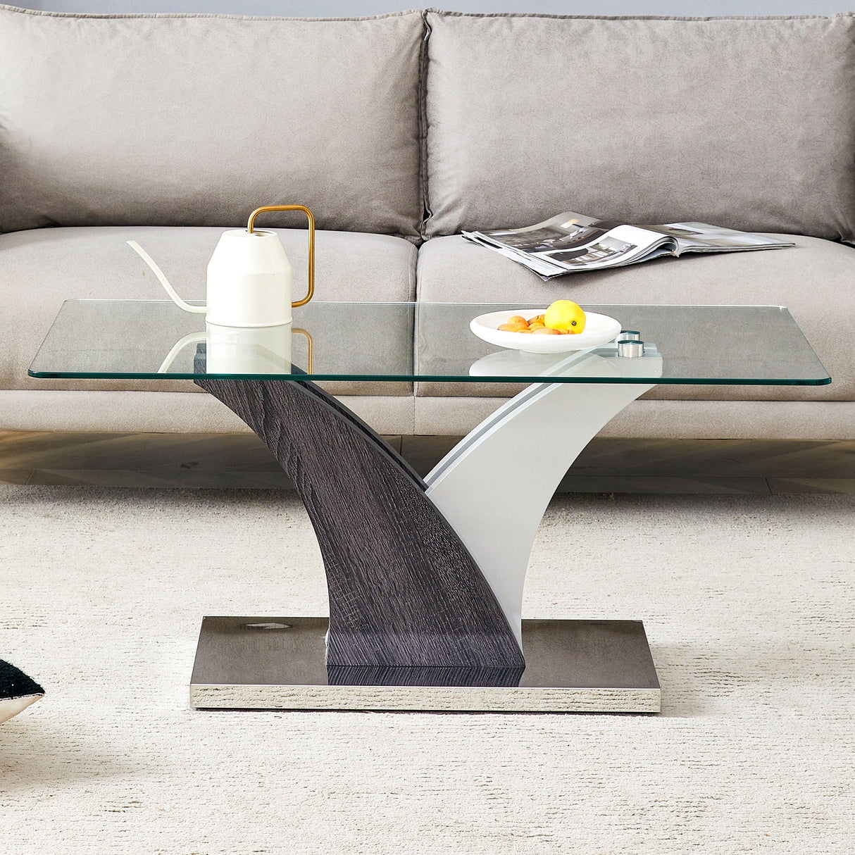 Artistic Rectangular Coffee Table With Tempered Glass Countertop