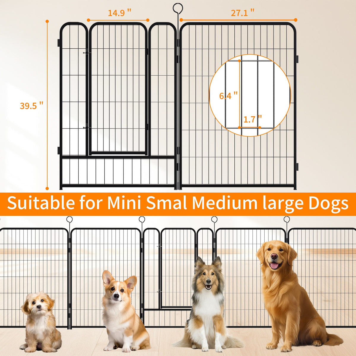 Dog Playpen, 16 Panels Pet Exercise Pen with Anti-Skid Base - Black
