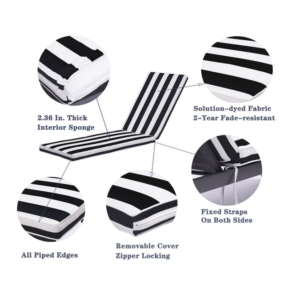 2-Piece Outdoor Chaise Lounge Chair Cushion Set, Black & White Striped Polyester