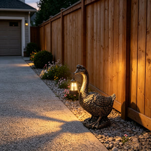 21'' Antique Bronze Goose Statue With Solar Lantern