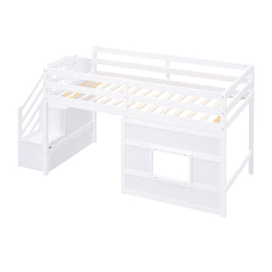Loft Bed With Storage Staircase, Window & LED Light