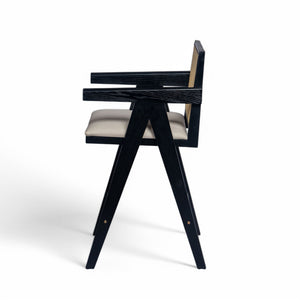 Woven Cane Plastic Backrest Bar Stool Foam Padded Fabric Seat & Durable Rubberwood Frame - Cream Gray