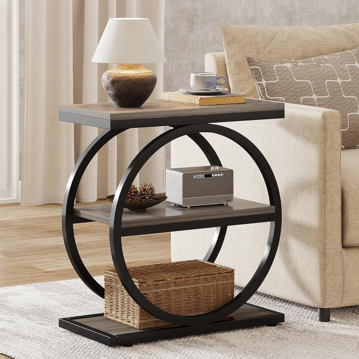 Industrial Narrow End Table With 3 Shelves
