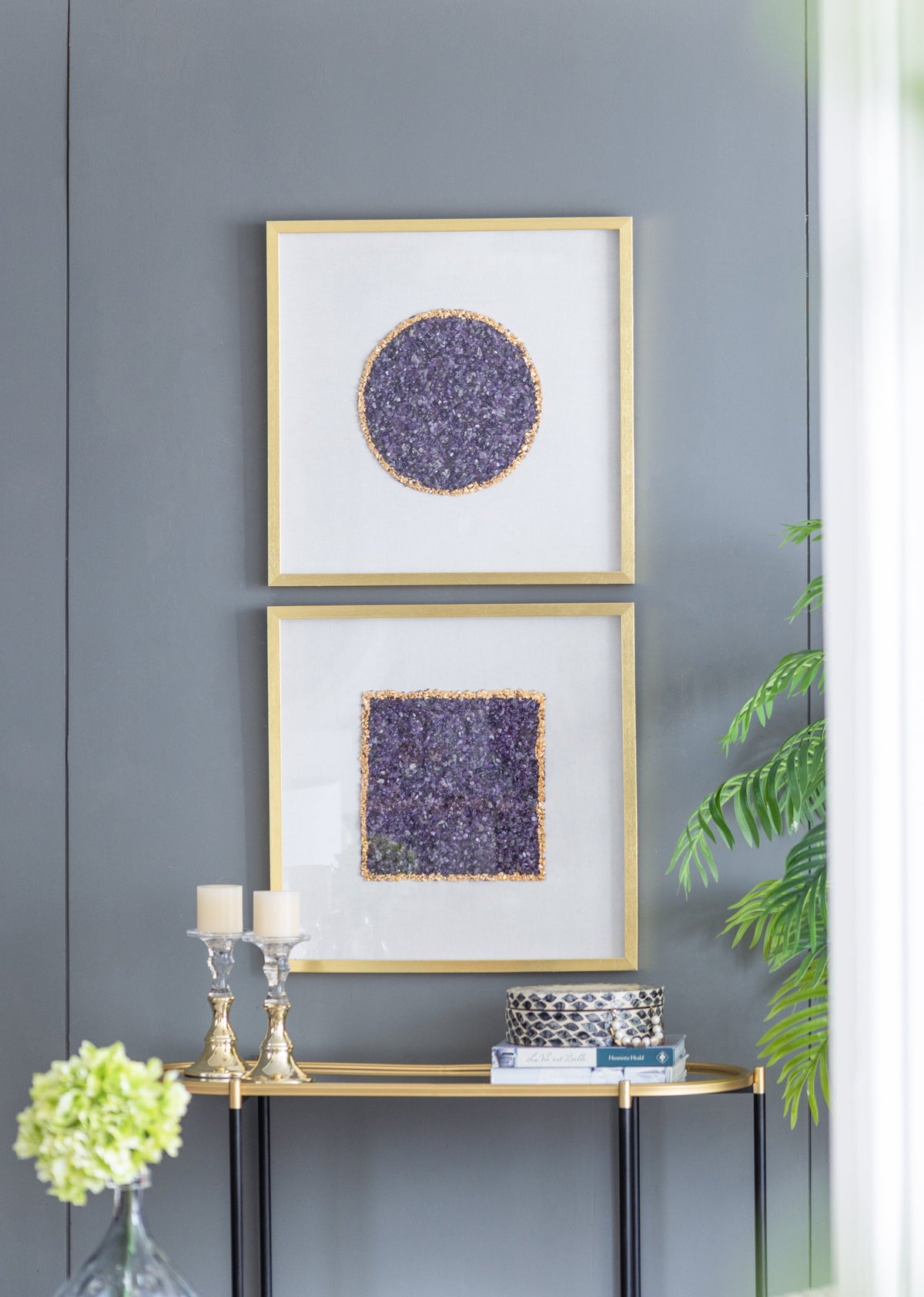 Elegant Shadow Box Duo Wall Art with Purple Amethyst Crystals - Neutral/Gold