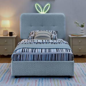 Twin Size Kids Upholstered Bed with Oversized Rabbit Ear Headboard, LED Light & 4 Storage Drawers, Boucle Fabric (79.5''X40.75''X41'')