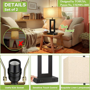 Touch Table Lamps Set of 2, USB, 3-Way Dimmable, Bedside Nightstand Lamp