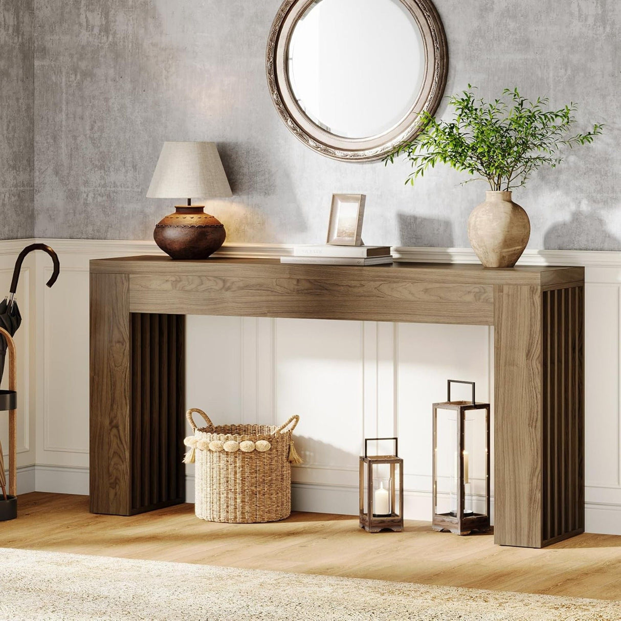 Console Table With Vertical Slat Legs For Entryway - Rustic Brown