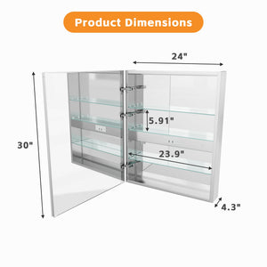 Bathroom LED Lighted Medicine Cabinet with Storage, 24" W x 30" H