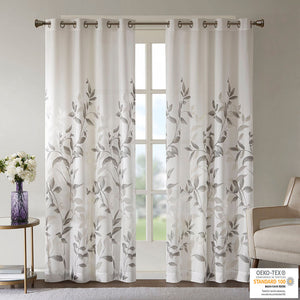 Burnout Printed Curtain Panel with Semi-Sheer Botanical Design - Grey