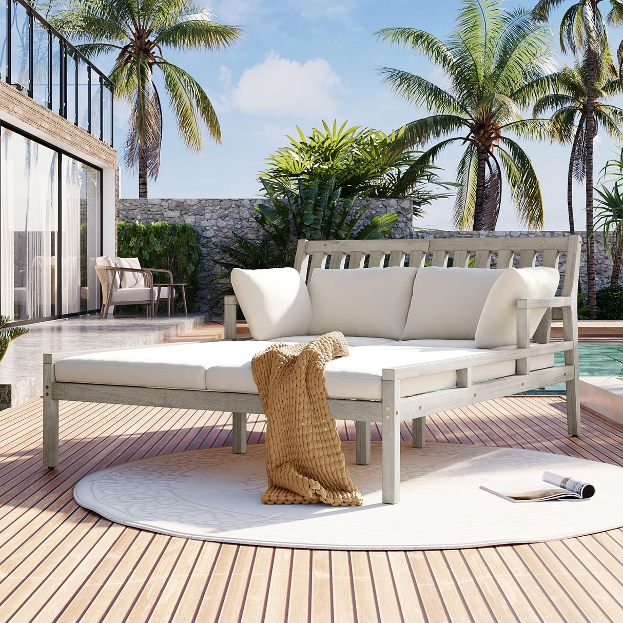 Outdoor Daybed, Patio Daybed with Four Pillows (Gray+Beige Cushion)