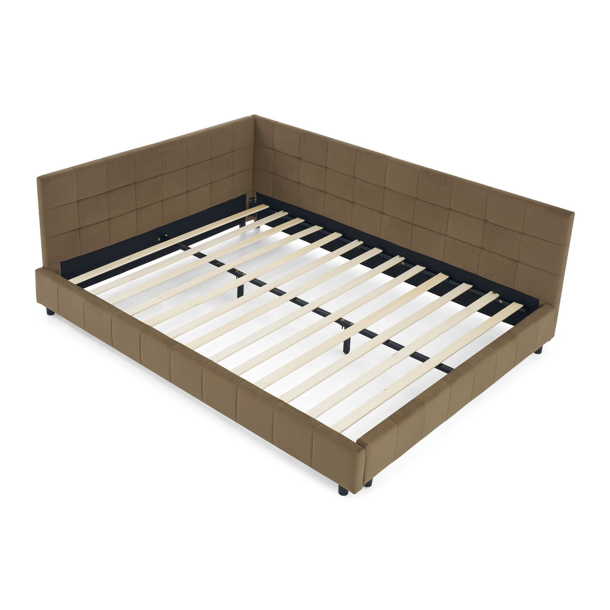 Mid-Century Storage Upholstered Tufted Bed Frame with Backrest and Armrests