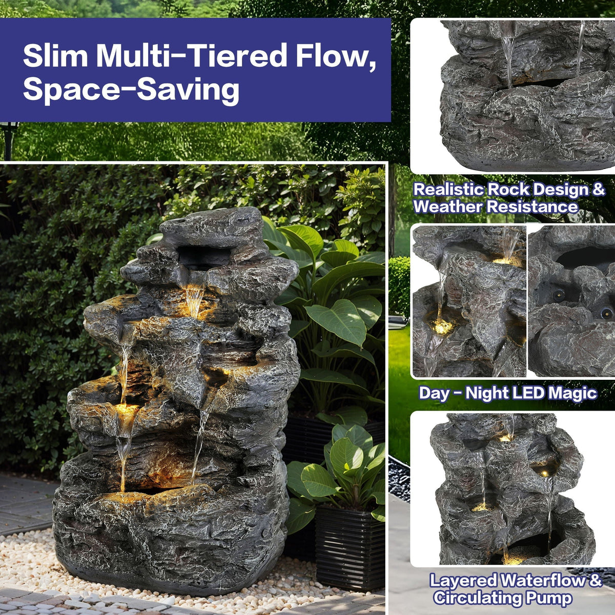 Concrete Rock Waterfall Fountain with LED Lights - Dark Gray
