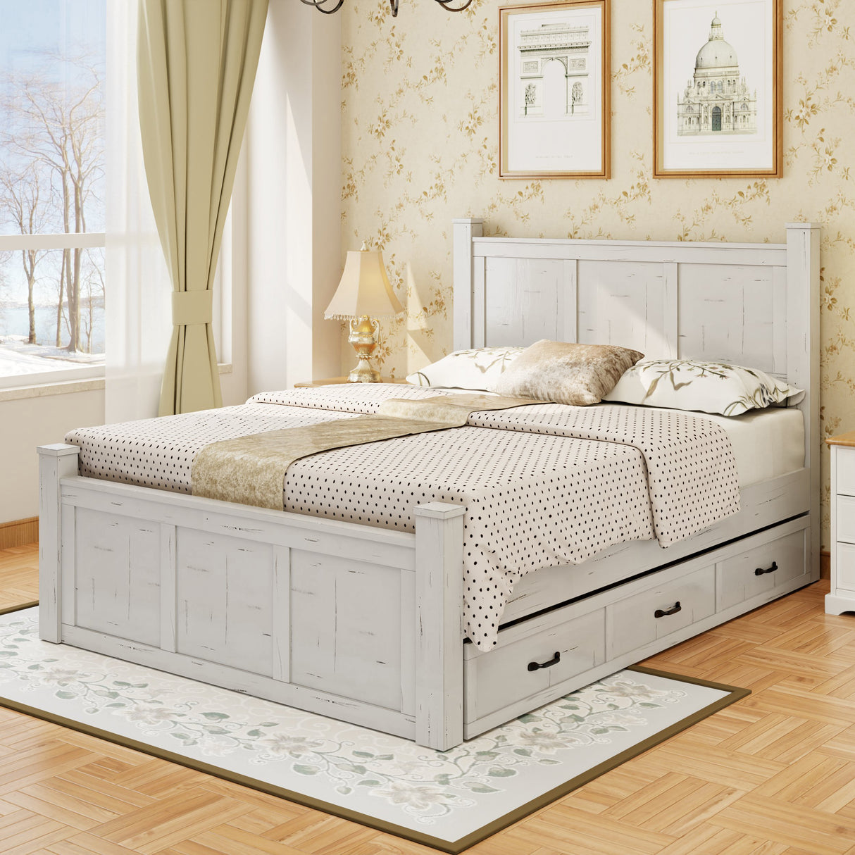 Farmhouse Style Wood Panel Bed Frame Four Square Poster Bed with Three Storage Drawers,Queen, Ancient White