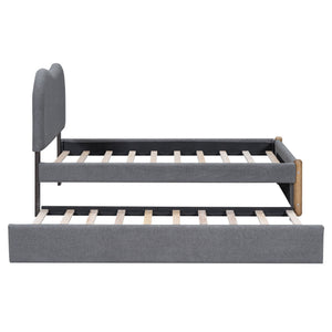 Upholstered Platform Bed With Wood Supporting Feet And Trundle