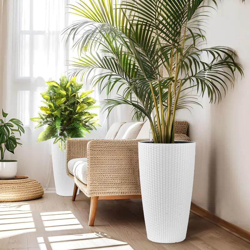 Set of 2 Faux Rattan Tall Planters with Automatic Watering System