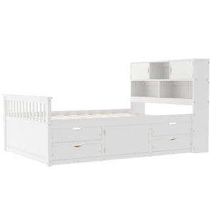 Captain Platform Bed Frame with Bookcase Headboard, 4 Drawers, Storage Shelves