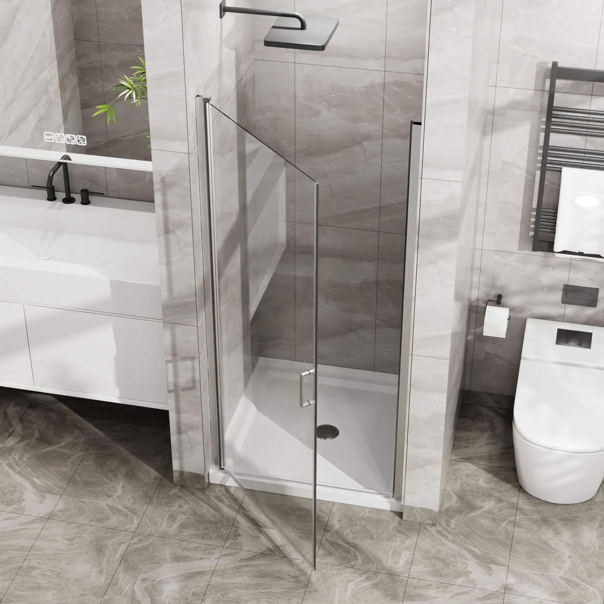 Pivot Shower Door, Tempered Glass, Semi Frameless