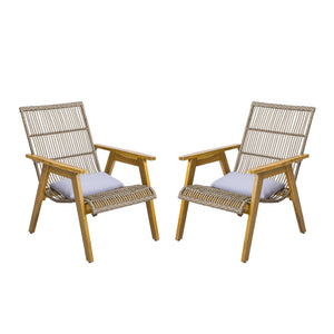 Acacia Wood Cape Woven Wicker Large Lounge Chair With Pillow (Set of 2)