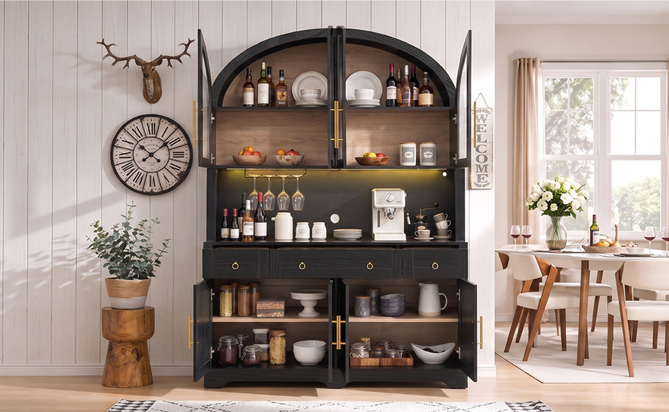 K&K 75.8" Tall Arched Kitchen Pantry Cabinet with LED & Charging Station