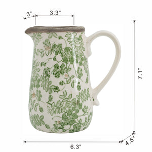 6.3x4.5x7.1' White Ceramic Pitcher Vase with Green Floral Pattern