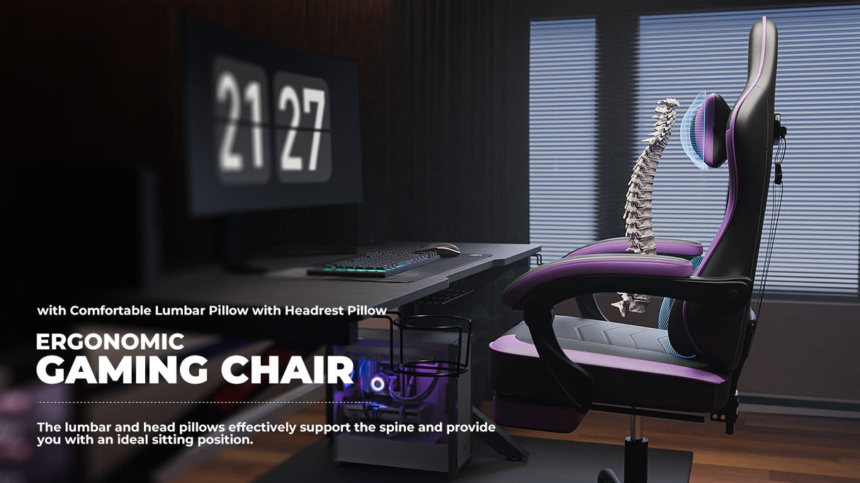 Gaming Chair with Footrest and Massage Lumbar Support