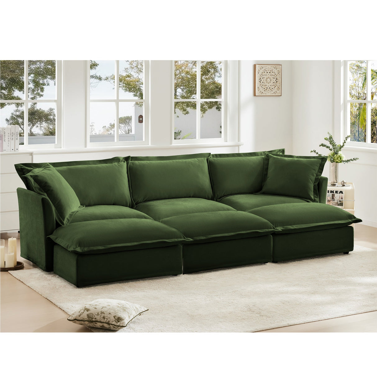 Chenille 3-Seat Slipcovered Sofa with Ottomans