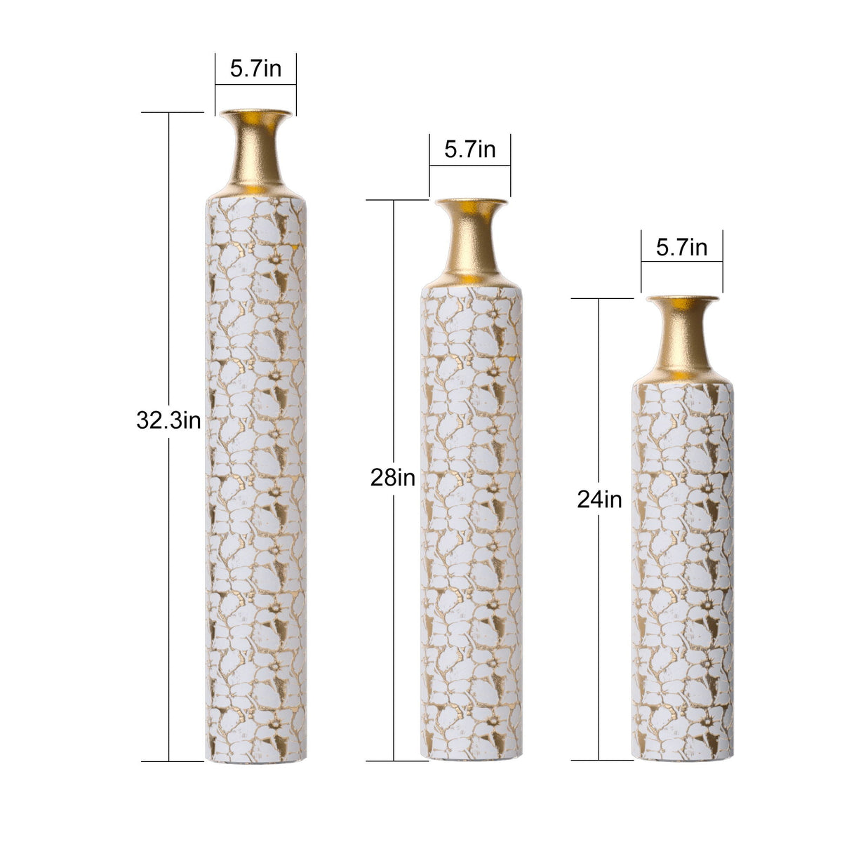 Large Decorative Floor Vases Set of 3 with Antique White & Gold Finish
