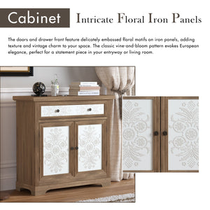 Rustic Vintage Accent Cabinet with Carved Floral Panels