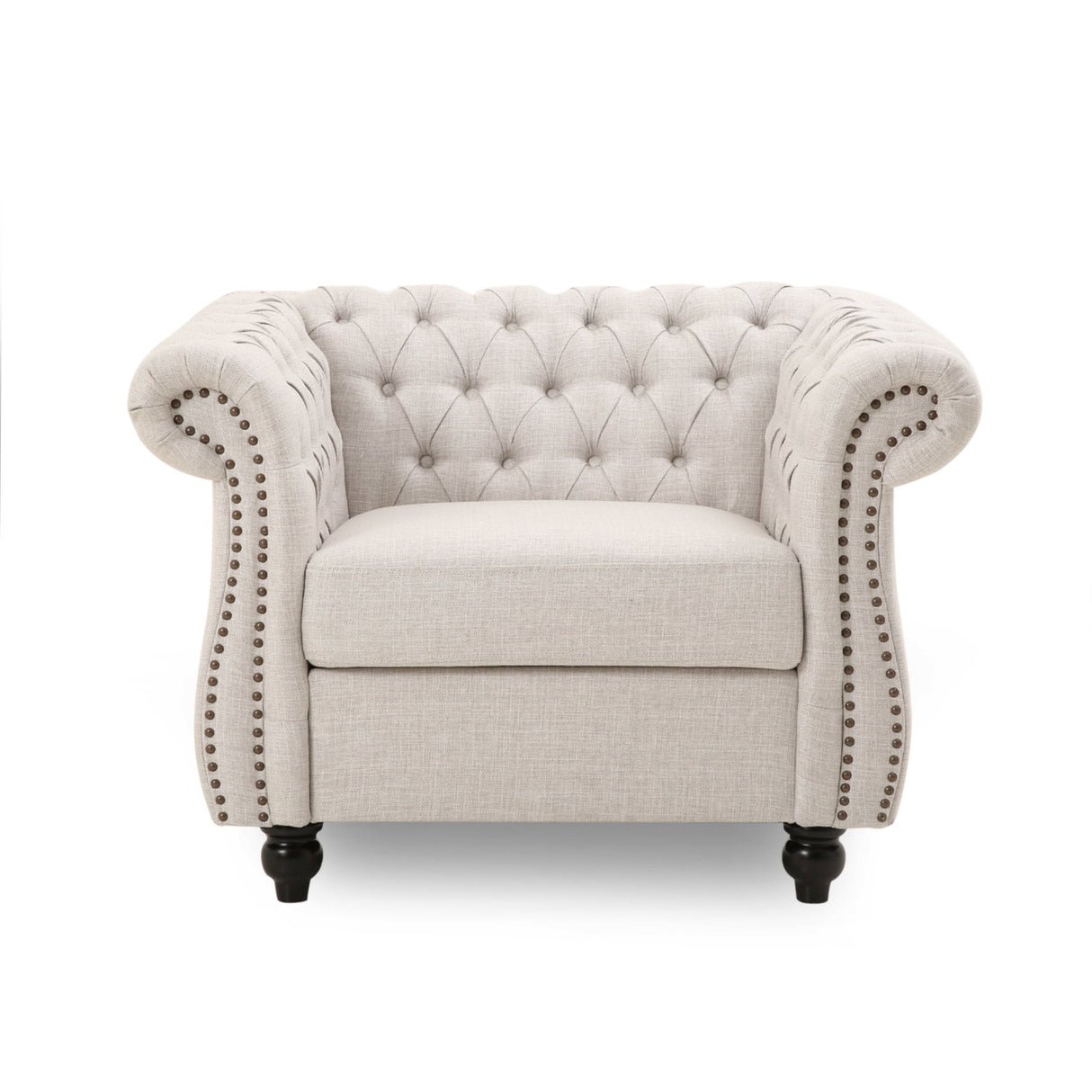 Chesterfield Club Chair Velvet Fabric Beige with Birch Wood Legs