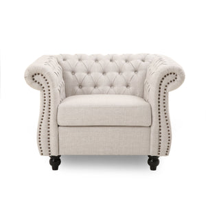 Chesterfield Club Chair Velvet Fabric Beige with Birch Wood Legs