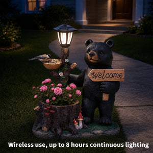 Decorative Standing Black Bear Garden Planter with Solar-Powered Lantern