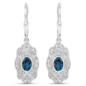 1.32 Carat Genuine London Blue Topaz and White Topaz .925 Sterling Silver Earrings