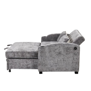 Pull Out Loveseat Sofa With Adjsutable Backrest, 2 Pillows, Cup Holders, USB Ports For Living Room