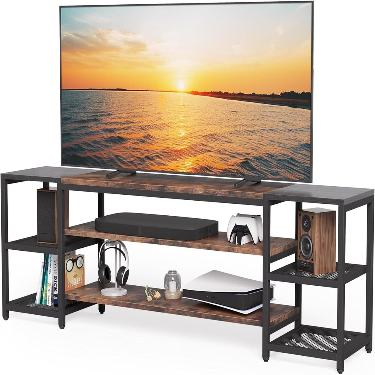 TV Stand For TVs, Extra Long With 3 Tier Ventilated Shelves - Rustic Brown