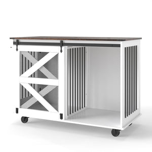 Mobile Dog Crate With Flip Top Feeding Door, Dual Access & 5 Caster System (2 Locking) - Brown White