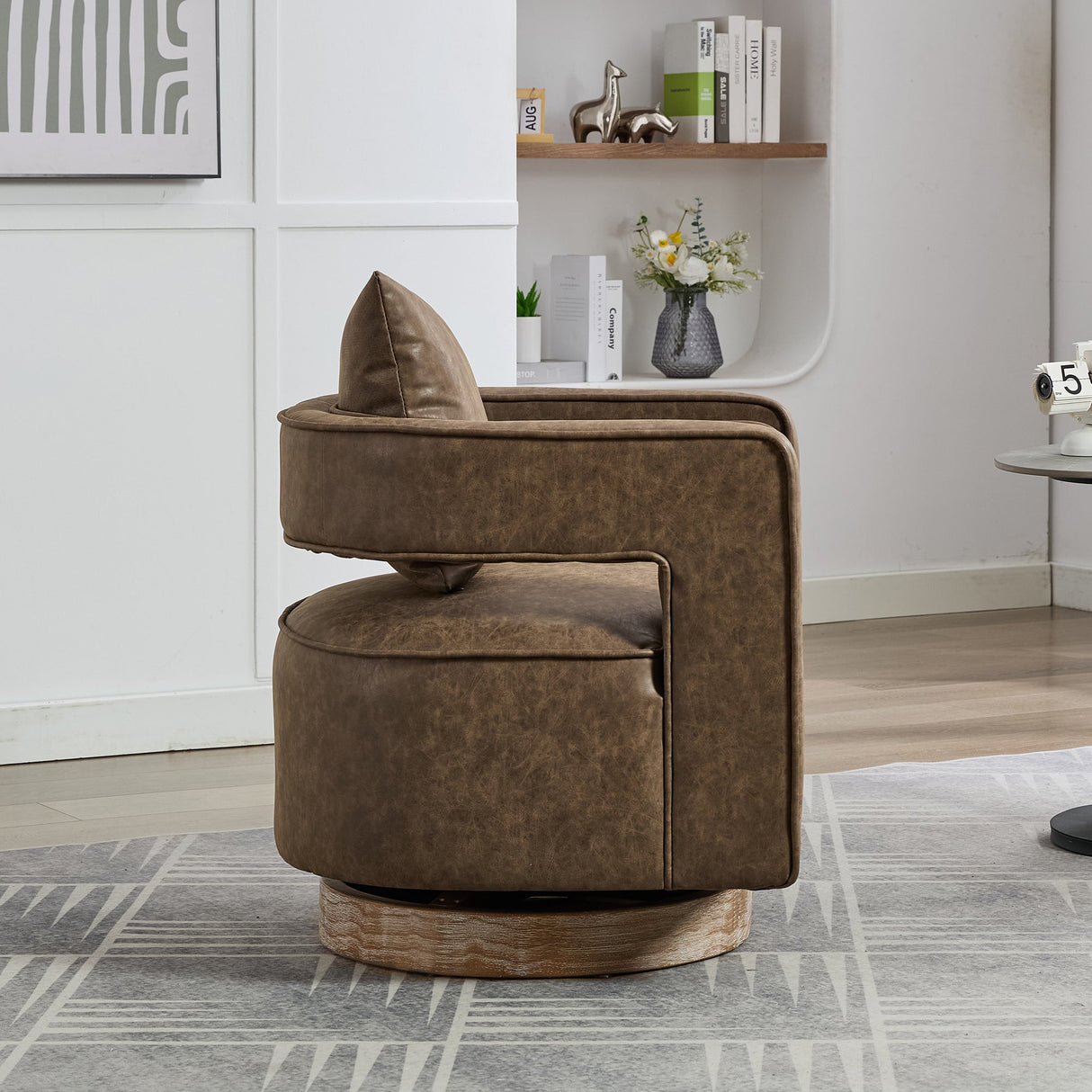 Fernleigh Swivel Accent Open Back Barrel Chair With Weathered Base