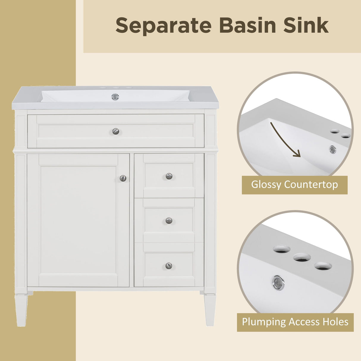 Bathroom Vanity With Top Sink, Storage Cabinet, 2 Drawers, Tip Out Drawer