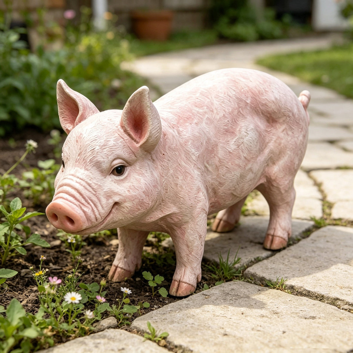 Cheerful Beige Pig Garden Statue