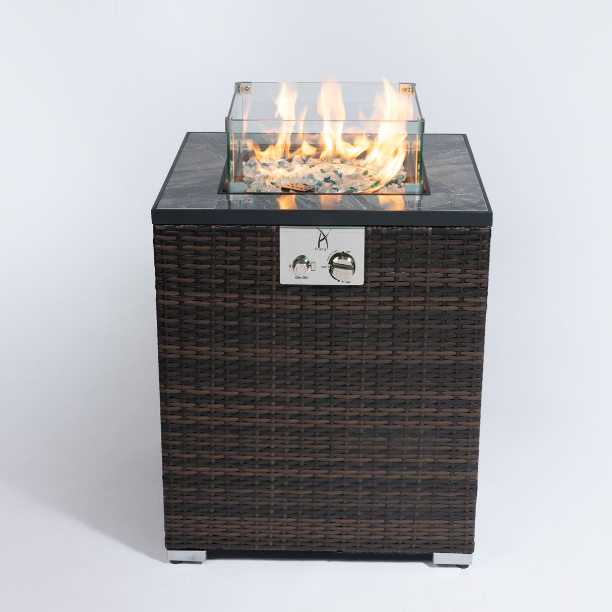 Propane Gas Square Fire Pit, Tile Tabletop With Beautiful Wicker Base For Outside