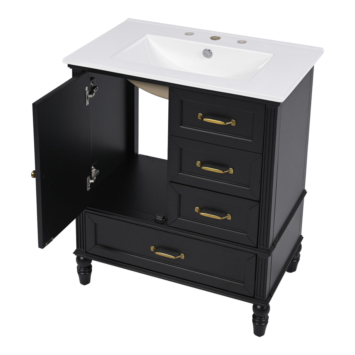 30" Bathroom Vanity With Sink, 3 Drawers, Adjustable Feet