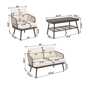 4 Piece Outdoor Patio Furniture Set, Metal Chairs With Woven Rope U Shaped Backrest