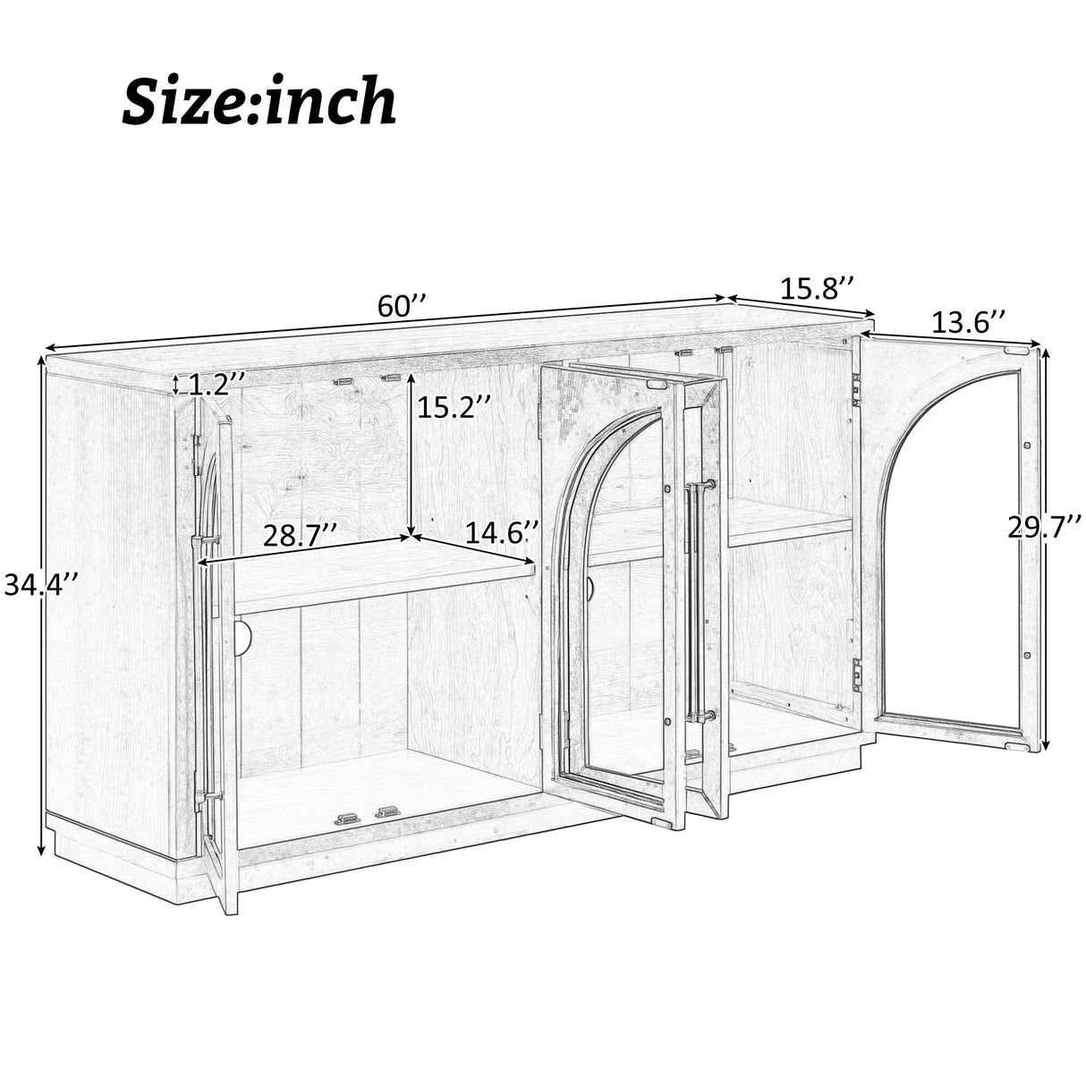 4-Door Large Storage Sideboard Buffet Cabinet with Glass Doors (Black)