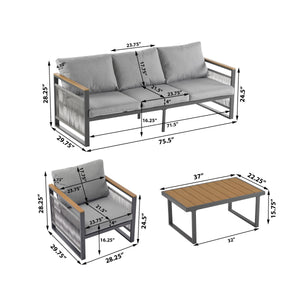 4-Piece Outdoor Metal Patio Furniture Set with Cushion - Grey & Natural