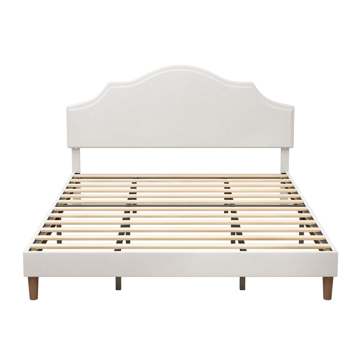 King Size, Upholstered Platform Bed Frame With Adjustable Headboard, No Box Spring Needed - White